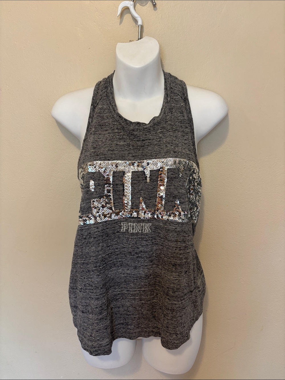 PINK Victoria's Secret Gray Sequin Logo Racerback Tank